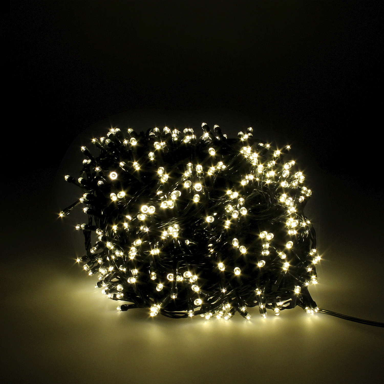 Luces LED Blanco Cálido de 1000 luces, 50m, ideal para árboles de 240/280 cm. Cable transparente, IP44, transformador con 8 funciones de luz.
